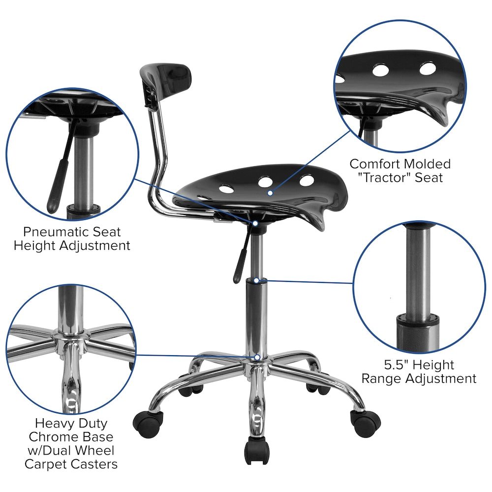Chaise de travail pivotante noire et chromée vibrante avec siège tracteur