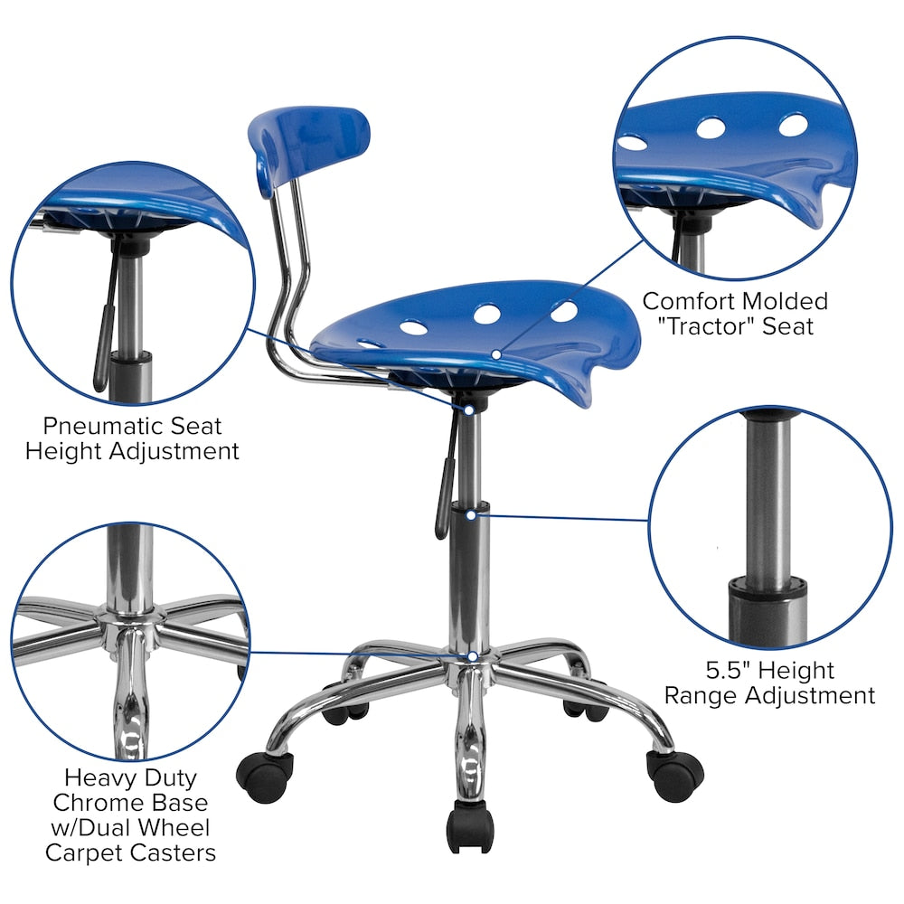 Chaise de travail pivotante bleu vif et chromée avec siège tracteur