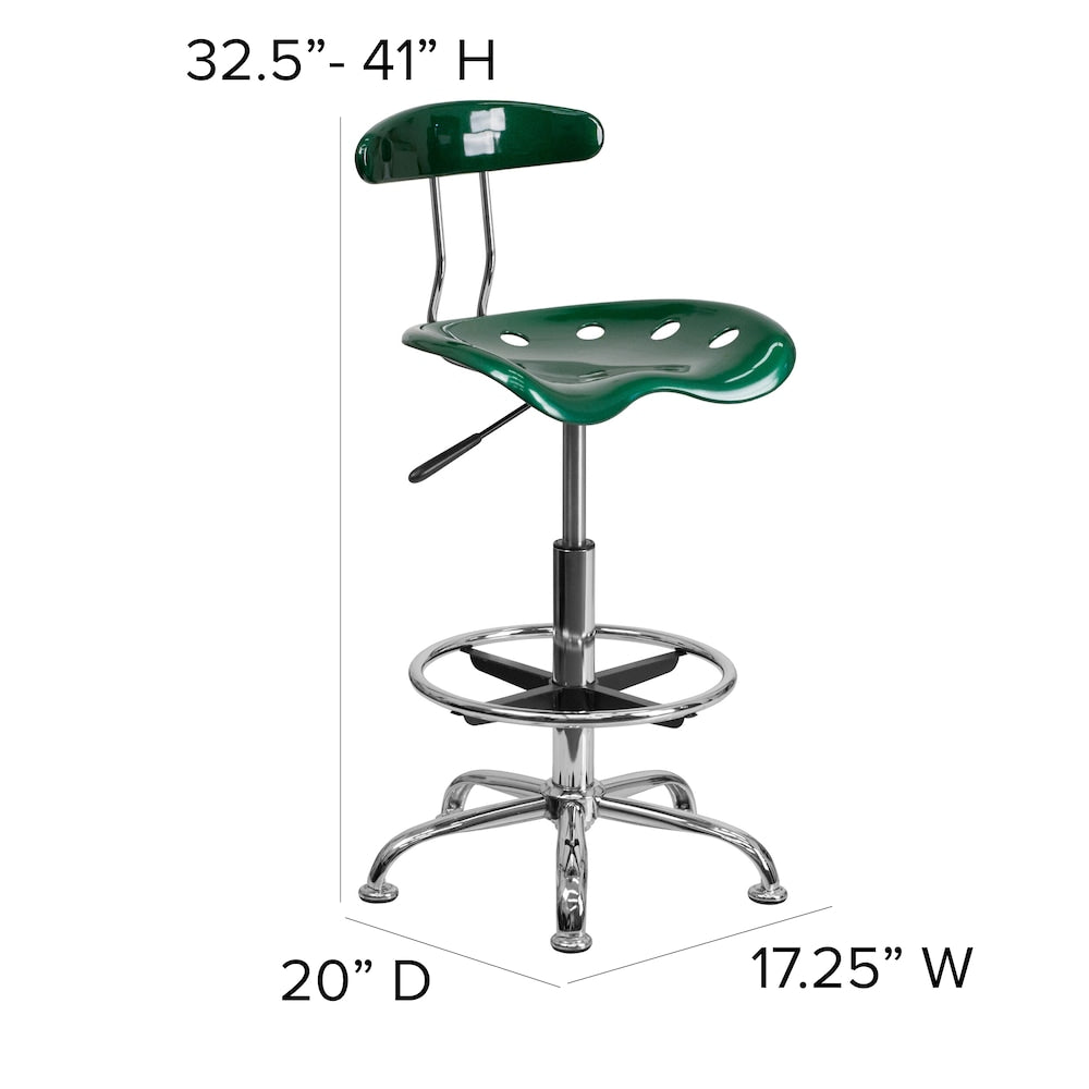 Tabouret de dessinateur vert vif et chromé avec siège de tracteur