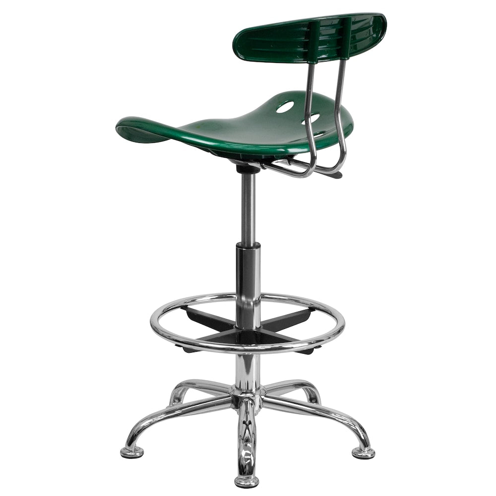 Tabouret de dessinateur vert vif et chromé avec siège de tracteur