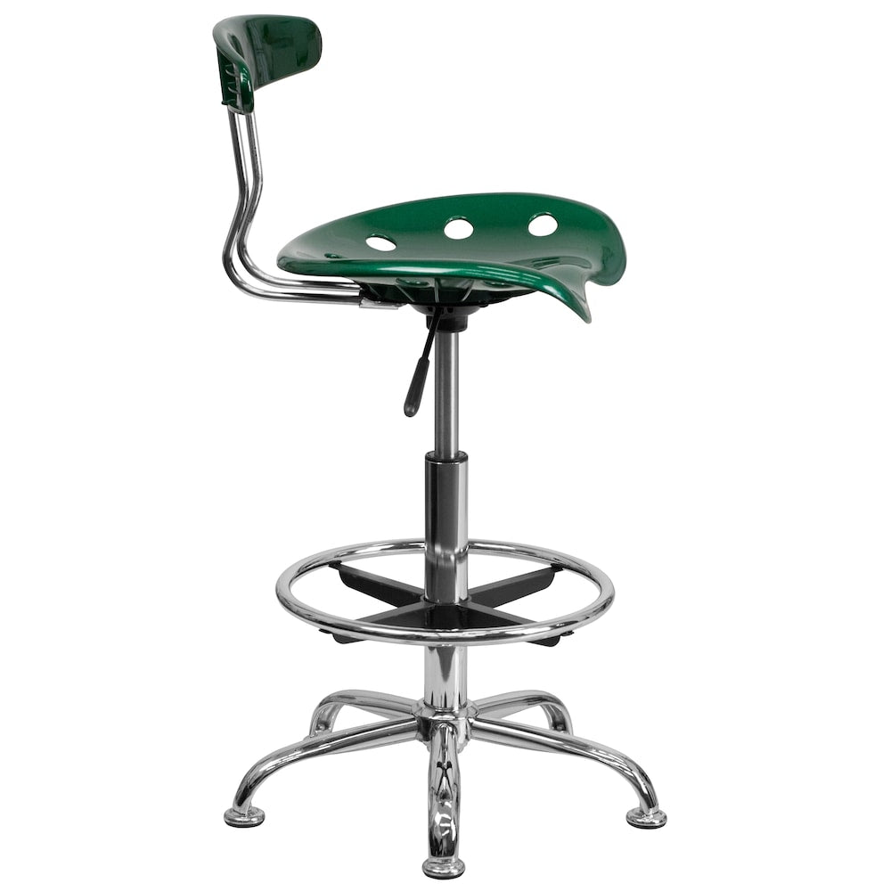 Tabouret de dessinateur vert vif et chromé avec siège de tracteur