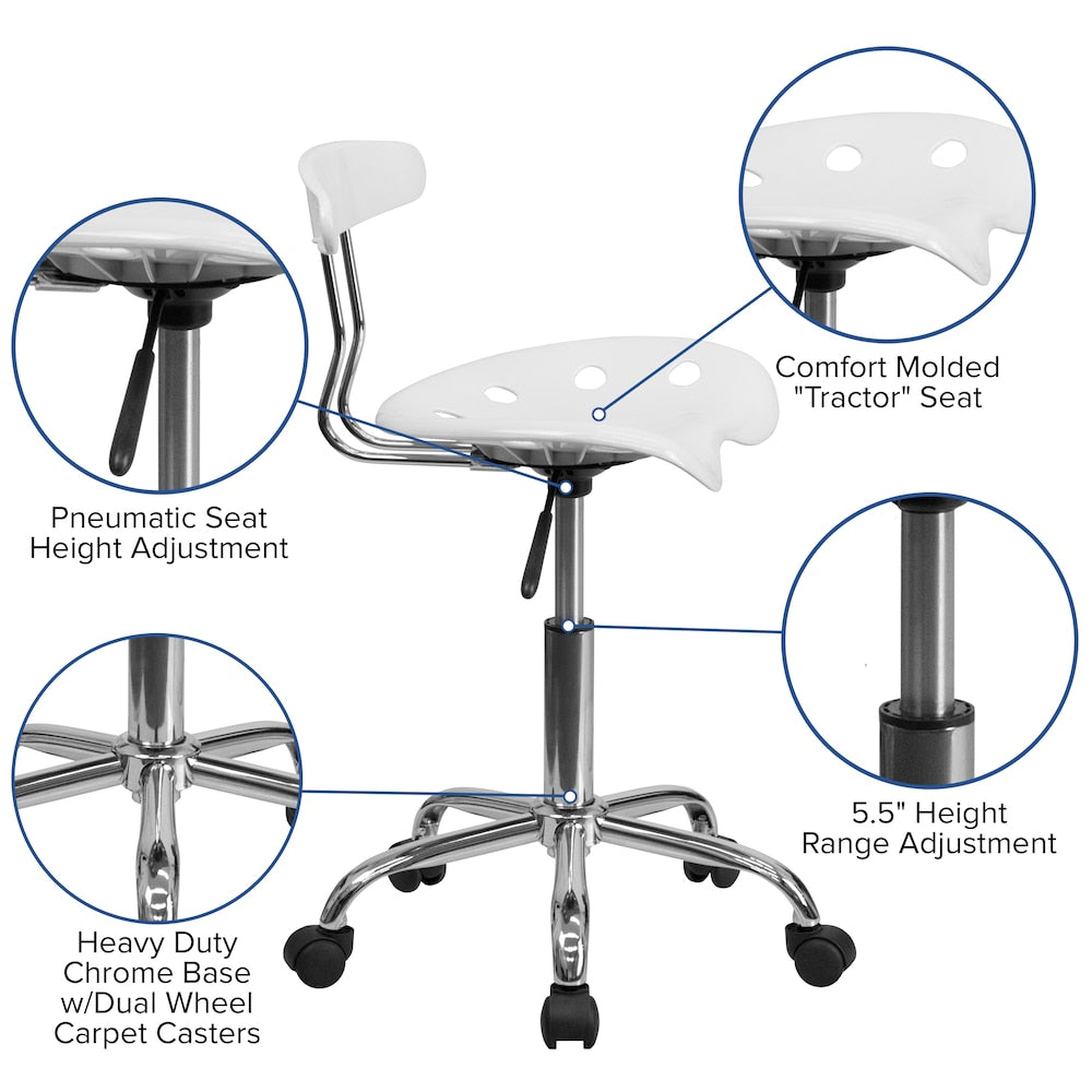 Chaise de travail pivotante blanche et chromée vibrante avec siège tracteur