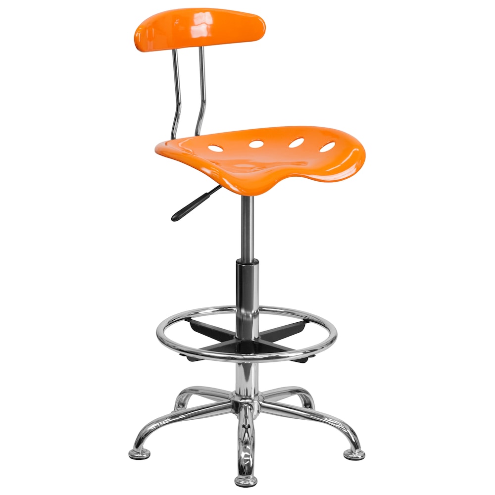 Tabouret de dessinateur orange vif et chromé avec siège de tracteur
