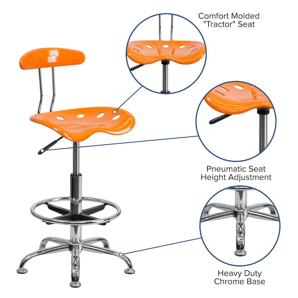Tabouret de dessinateur orange vif et chromé avec siège de tracteur