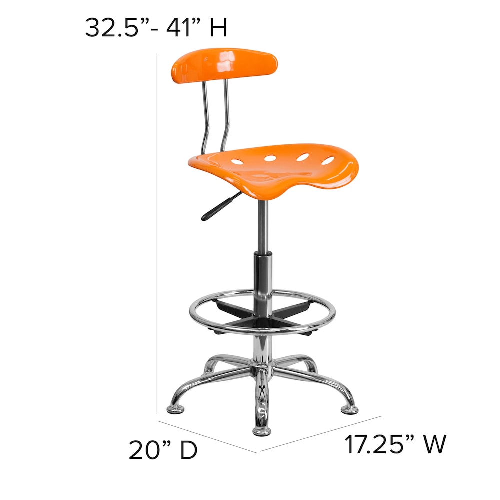 Tabouret de dessinateur orange vif et chromé avec siège de tracteur