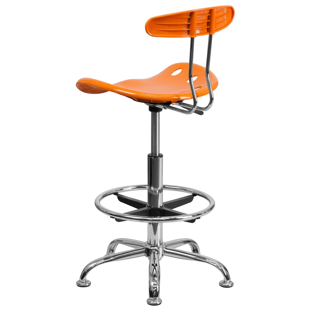 Tabouret de dessinateur orange vif et chromé avec siège de tracteur
