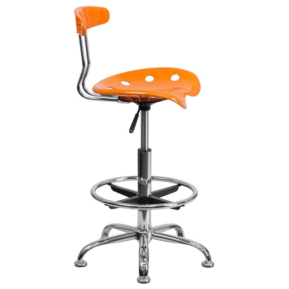Tabouret de dessinateur orange vif et chromé avec siège de tracteur