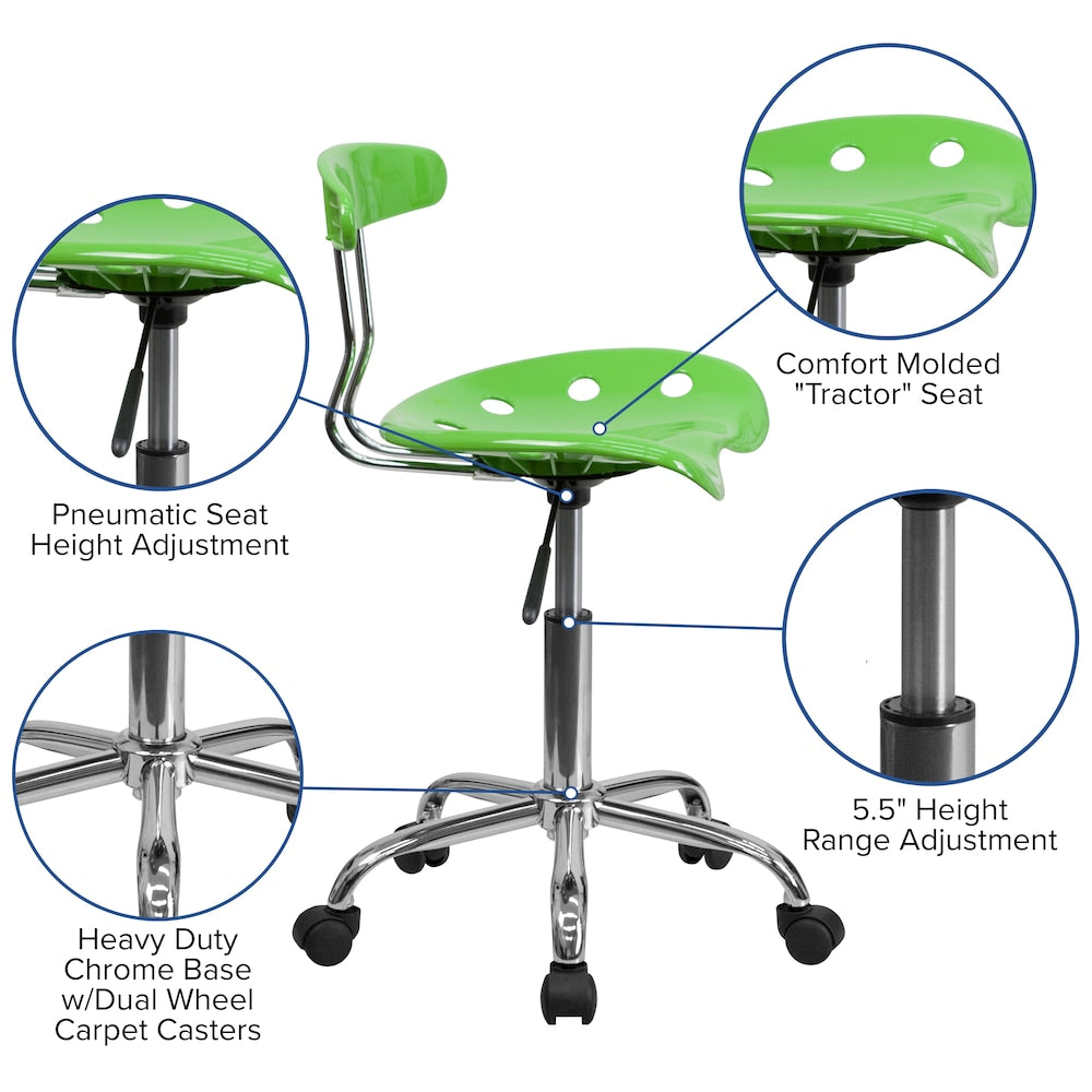 Chaise de travail pivotante verte pomme vibrante et chromée avec siège tracteur