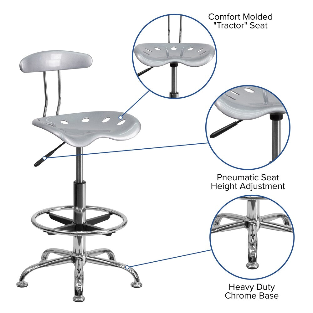 Tabouret de dessinateur en argent et chrome vibrant avec siège de tracteur