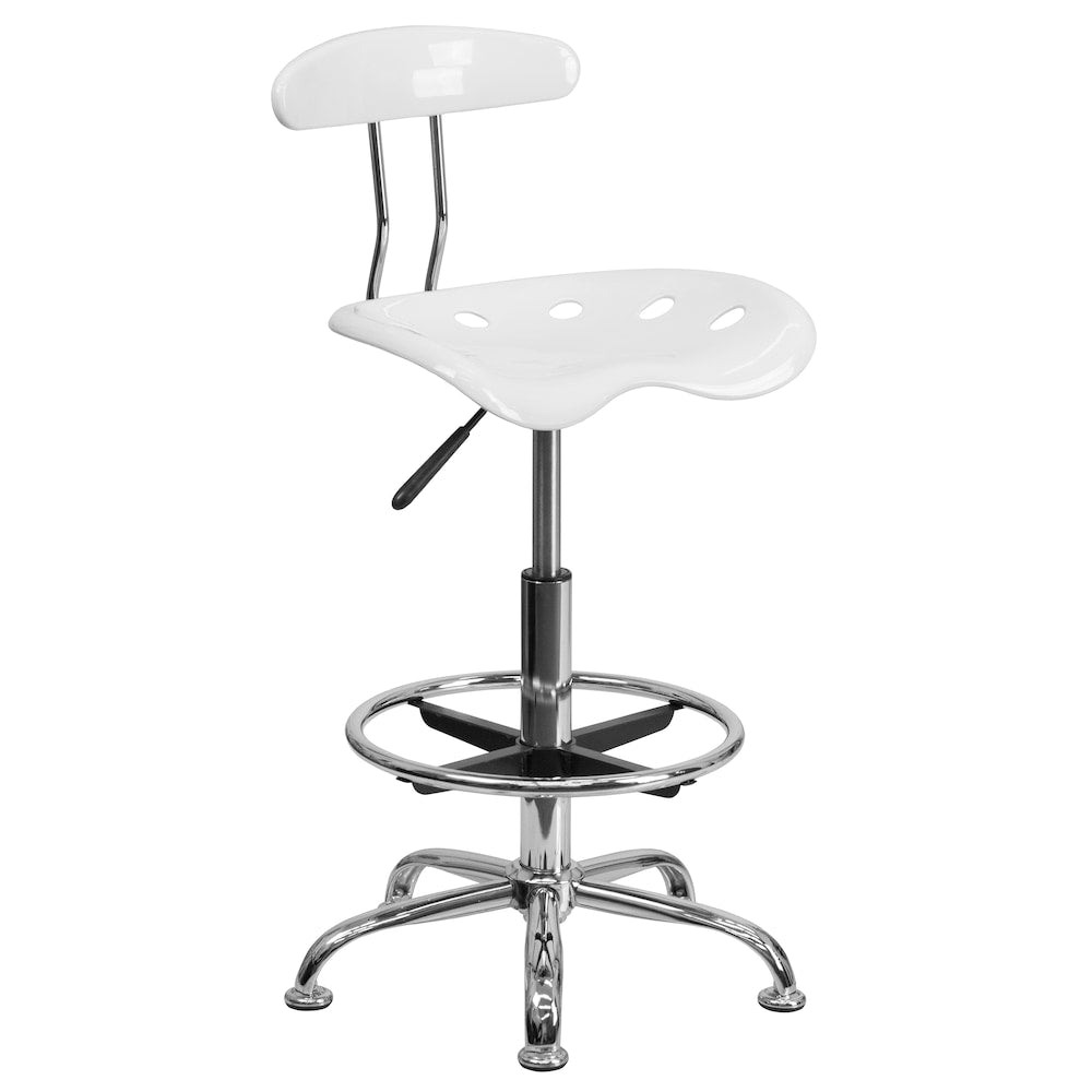 Tabouret de dessinateur blanc vibrant et chromé avec siège de tracteur
