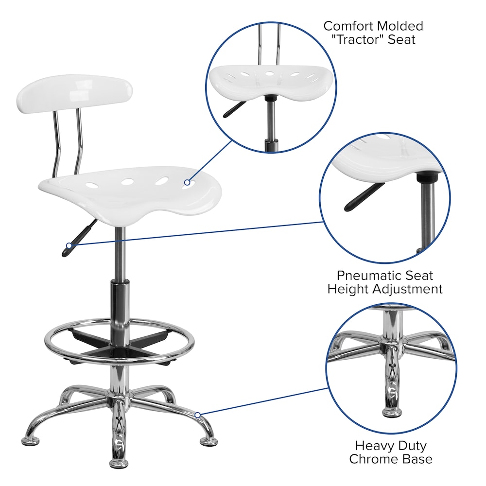 Tabouret de dessinateur blanc vibrant et chromé avec siège de tracteur