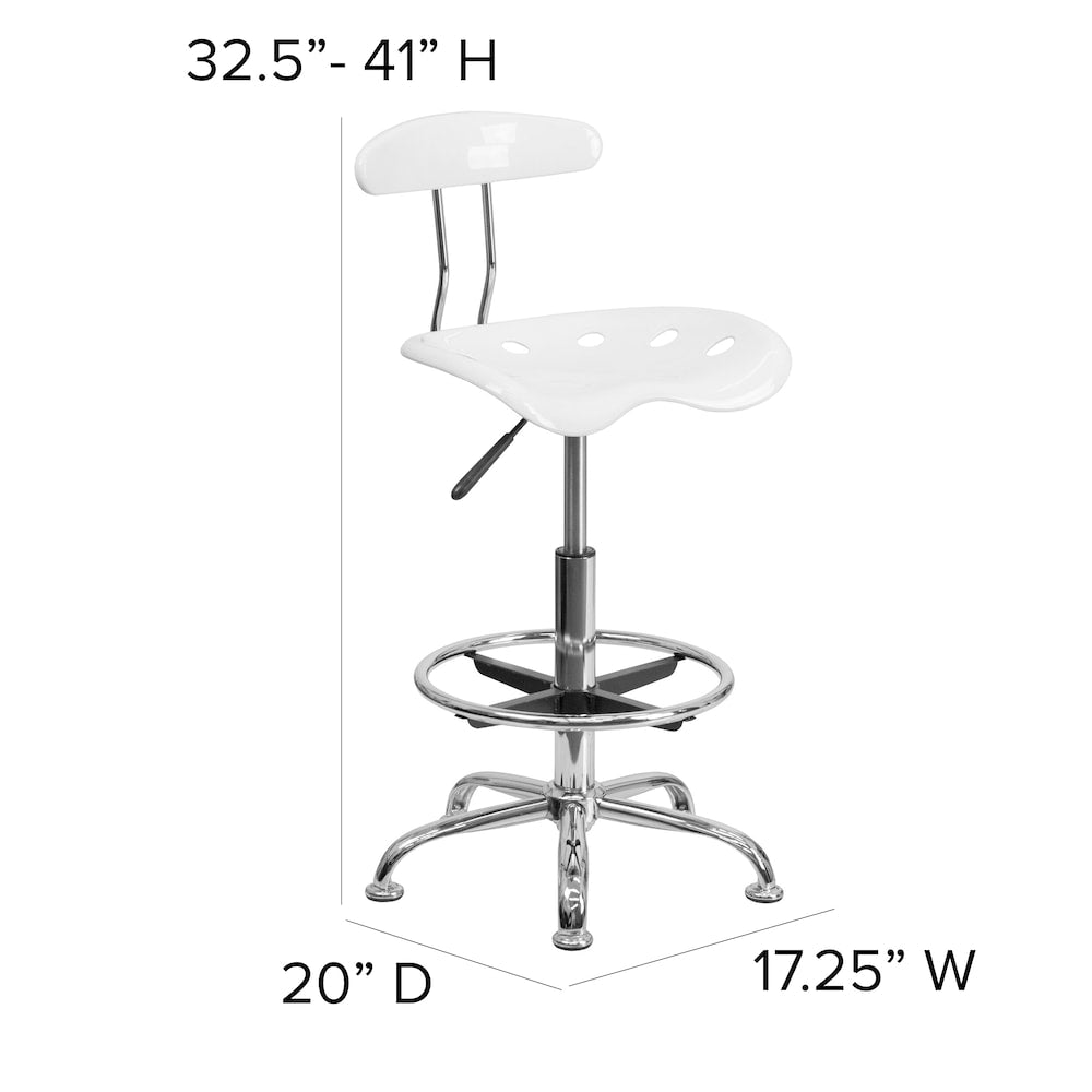 Tabouret de dessinateur blanc vibrant et chromé avec siège de tracteur