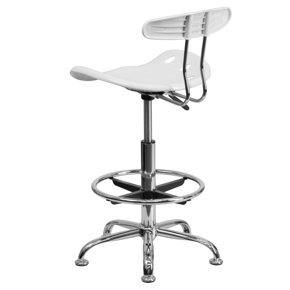 Tabouret de dessinateur blanc vibrant et chromé avec siège de tracteur