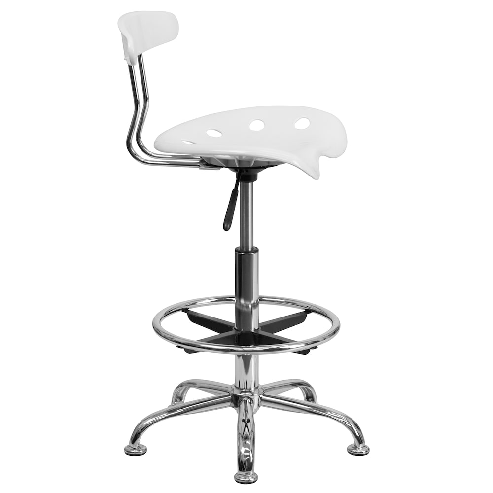 Tabouret de dessinateur blanc vibrant et chromé avec siège de tracteur