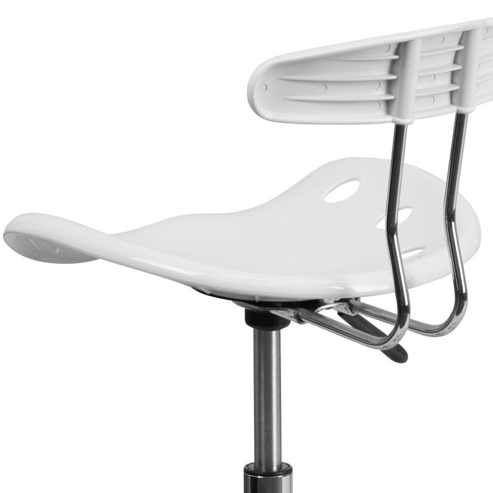 Tabouret de dessinateur blanc vibrant et chromé avec siège de tracteur