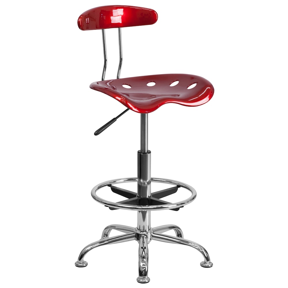 Tabouret de dessinateur rouge vin vif et chromé avec siège de tracteur
