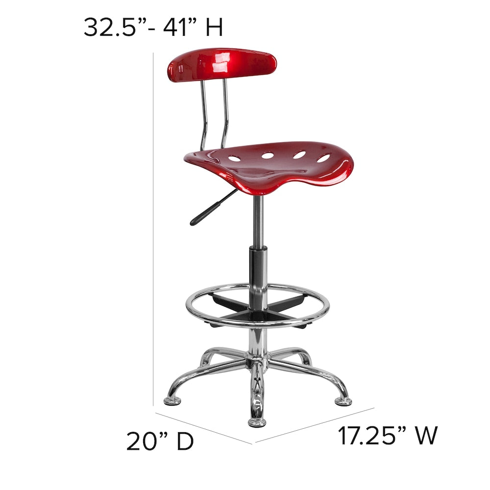 Tabouret de dessinateur rouge vin vif et chromé avec siège de tracteur