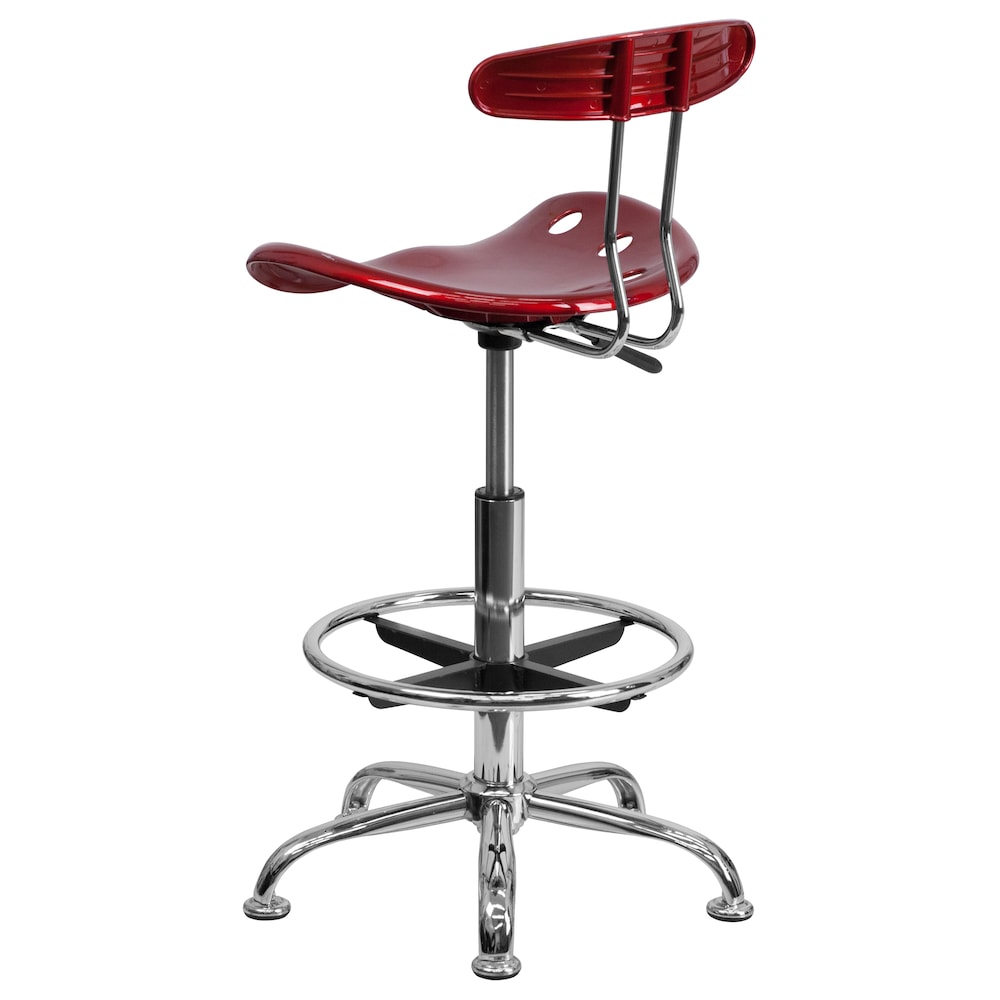 Tabouret de dessinateur rouge vin vif et chromé avec siège de tracteur