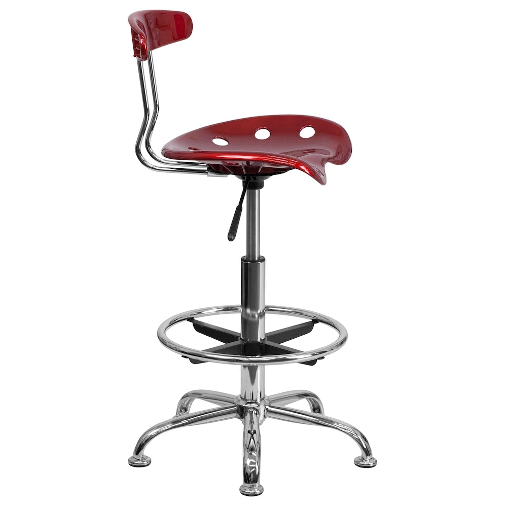 Tabouret de dessinateur rouge vin vif et chromé avec siège de tracteur