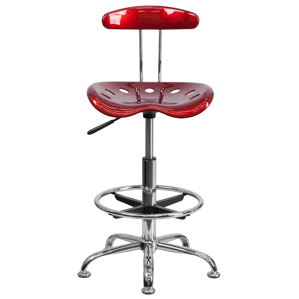 Tabouret de dessinateur rouge vin vif et chromé avec siège de tracteur