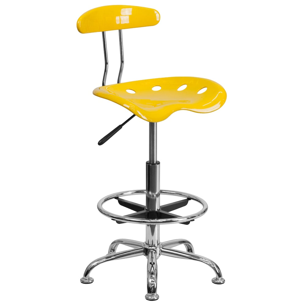 Tabouret de dessinateur jaune vif et chromé avec siège de tracteur
