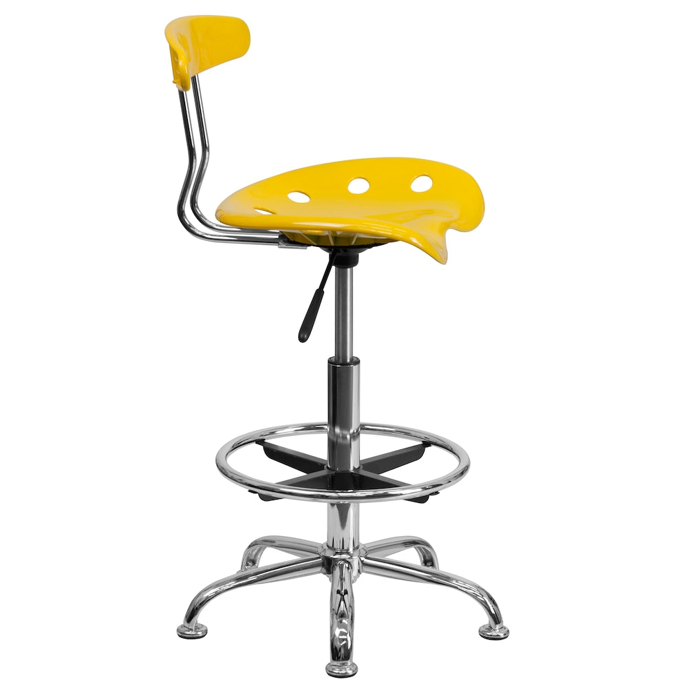 Tabouret de dessinateur jaune vif et chromé avec siège de tracteur