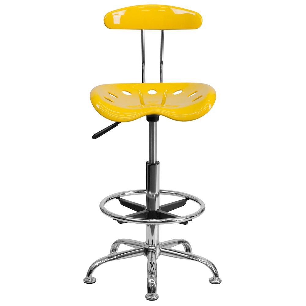 Tabouret de dessinateur jaune vif et chromé avec siège de tracteur