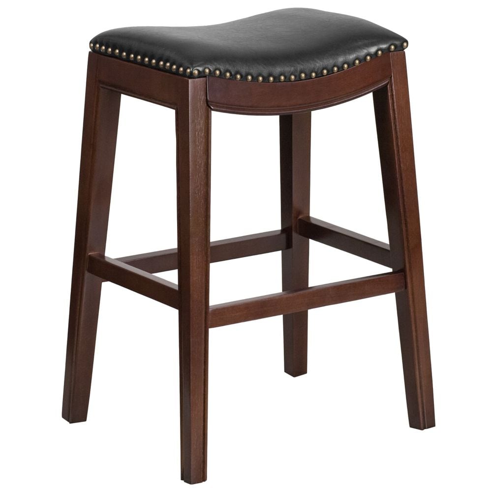 30'' High Backless Cappuccino Wood Barstool with Black Leather Saddle Seat