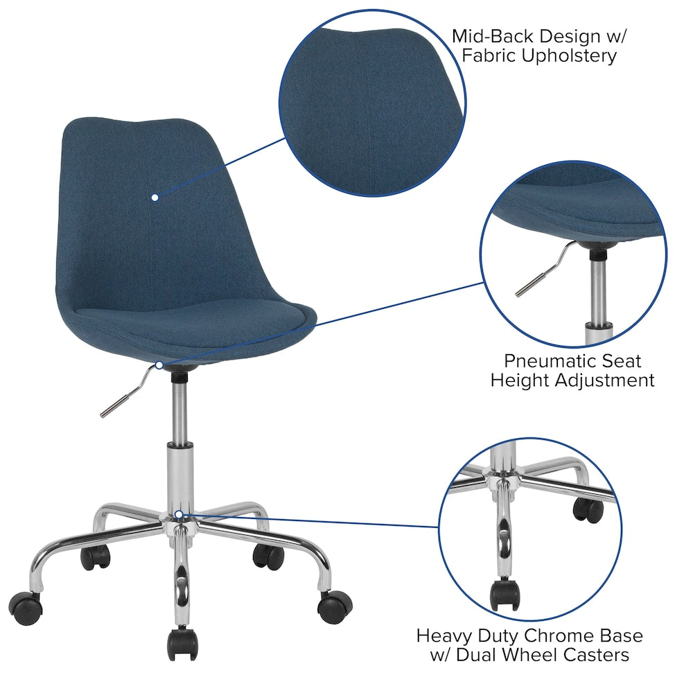 Aurora Series Mid-Back Blue Fabric Task Office Chair with Pneumatic Lift and Chrome Base
