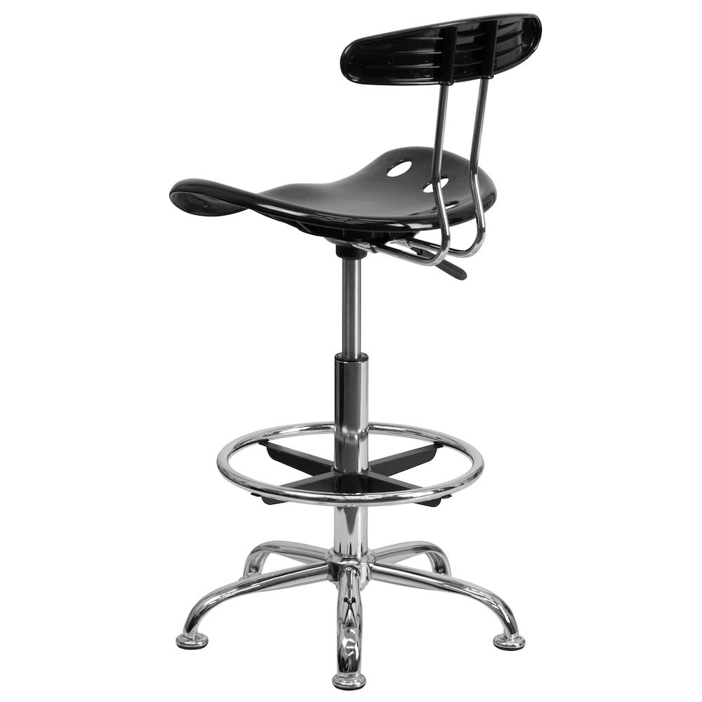 Tabouret de dessinateur noir et chromé vibrant avec siège de tracteur