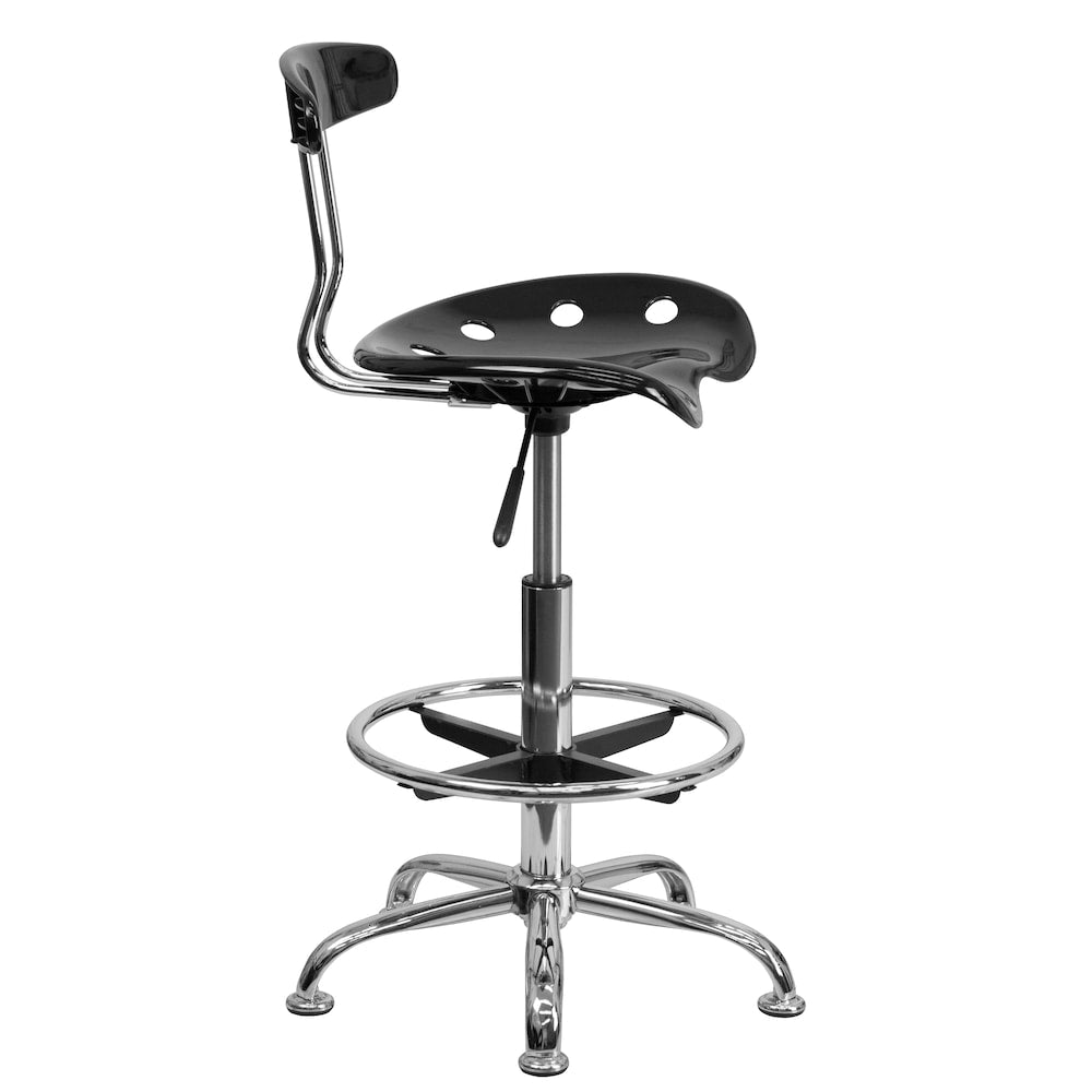 Tabouret de dessinateur noir et chromé vibrant avec siège de tracteur