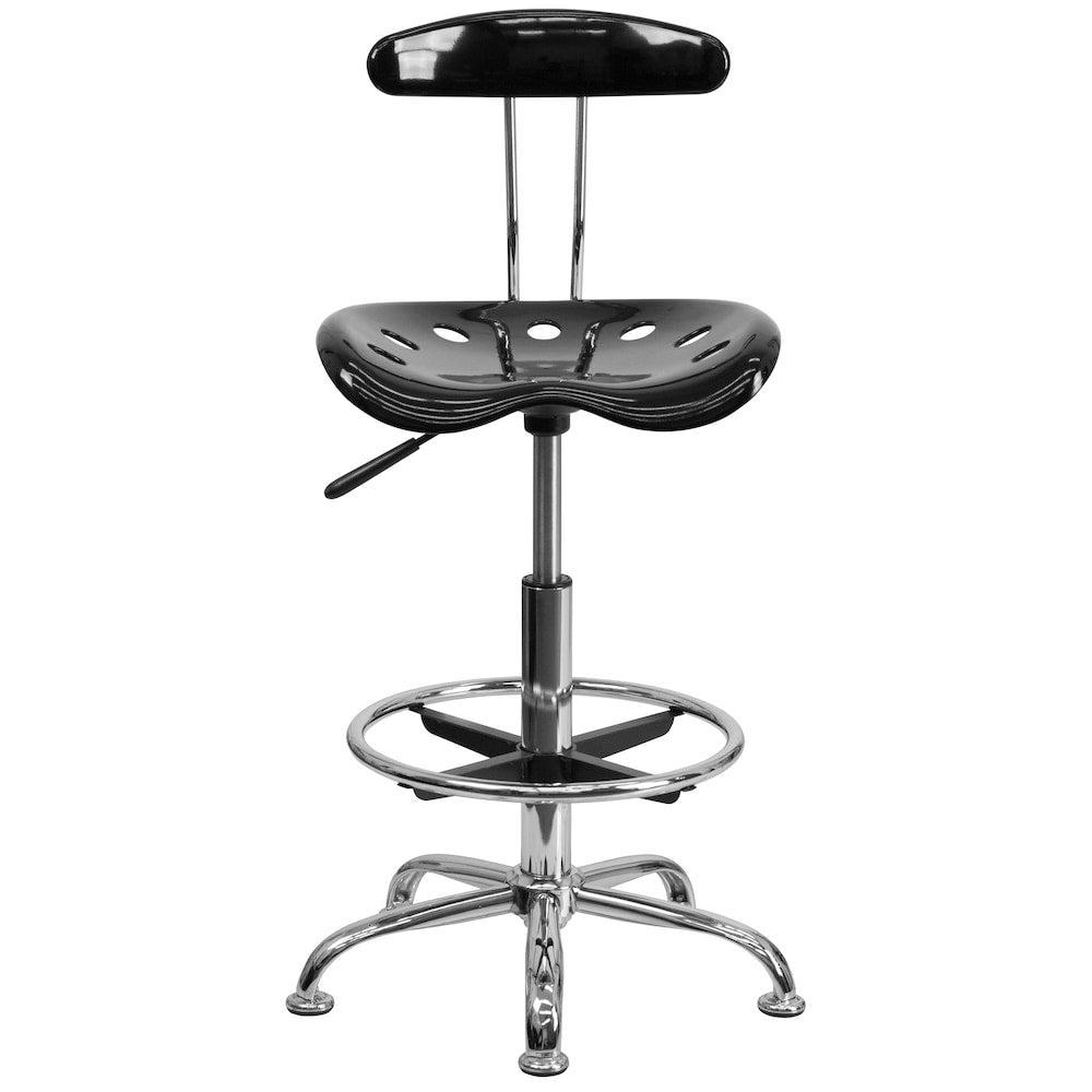 Tabouret de dessinateur noir et chromé vibrant avec siège de tracteur