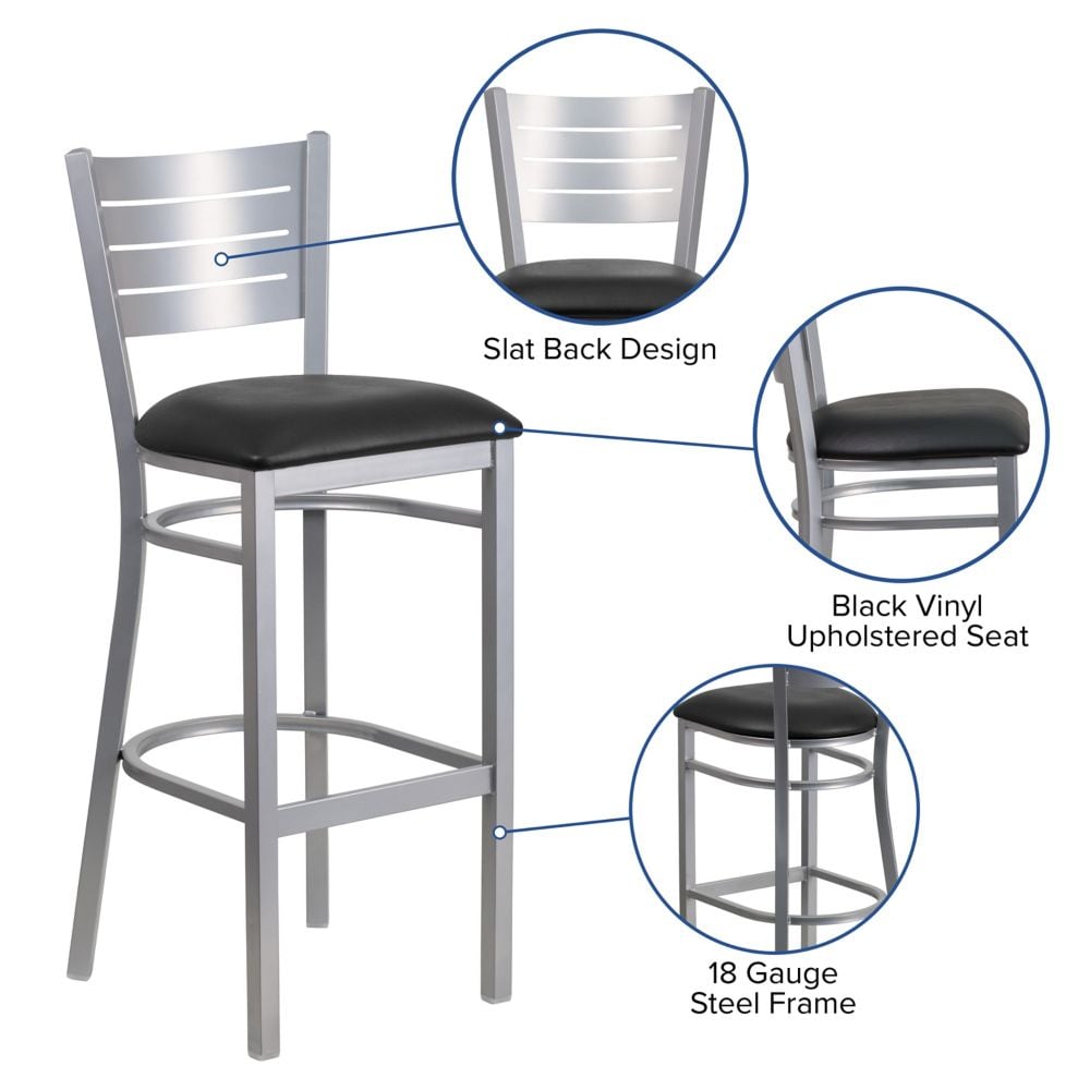 Tabouret à lattes argentées - Siège noir
