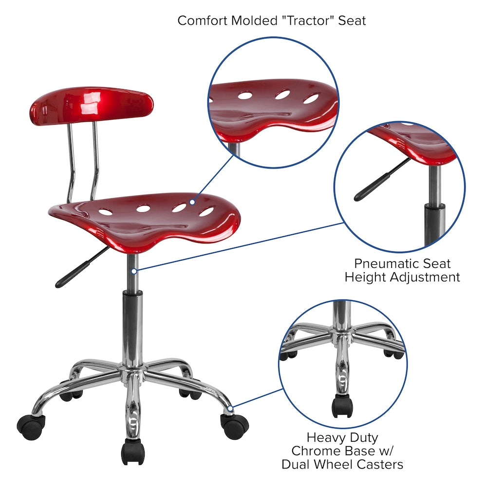 Chaise de travail pivotante rouge vin vibrant et chromée avec siège tracteur