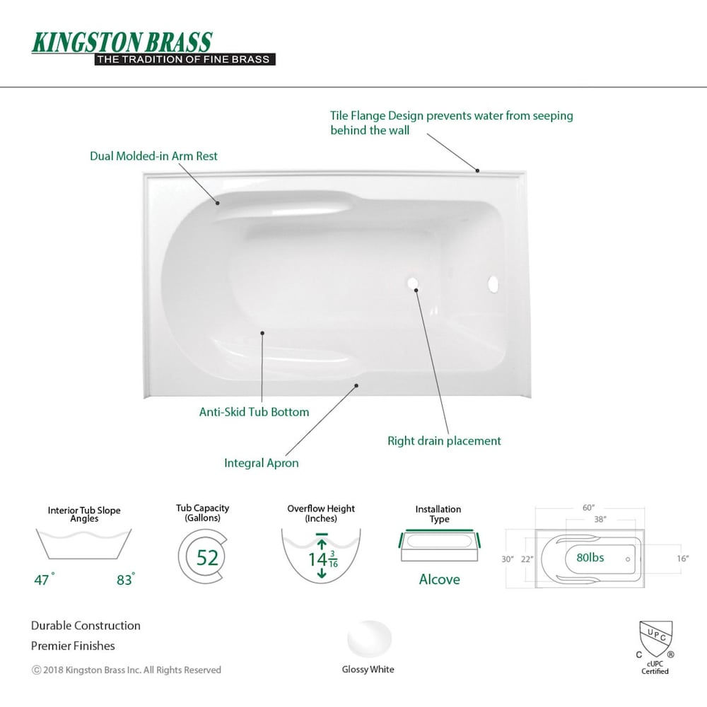 Aqua Eden Margaret 60 in. Acrylic Right-Hand Drain Rectangular Alcove Bathtub in White