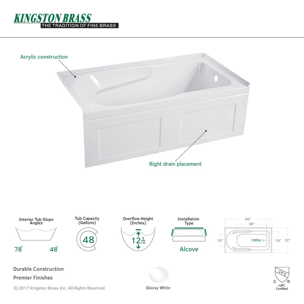 Modern 5 ft. Acrylic Right-Hand Drain Rectangular Alcove Bathtub in White