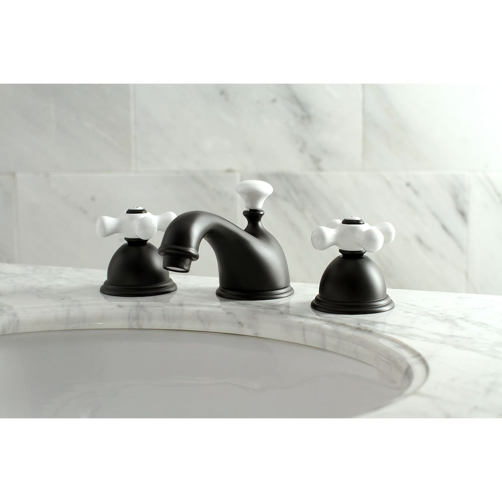 Restoration Porcelain Cross 8 in. Widespread 2-Handle Bathroom Faucet in Matte Black