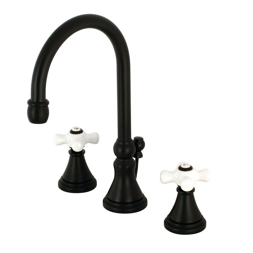 Robinet de salle de bain à arc élevé à 2 poignées et à large entraxe de 8 po en porcelaine Governor en noir mat