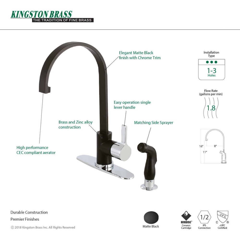 Modern Single-Handle Standard Kitchen Faucet with Side Sprayer in Matte Black and Chrome