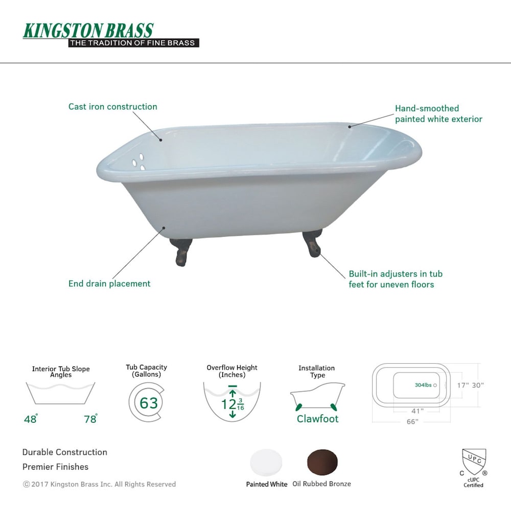 Baignoire classique en fonte de 5,5 pi avec pieds en bronze huilé et centre de 3-3/8 po en blanc