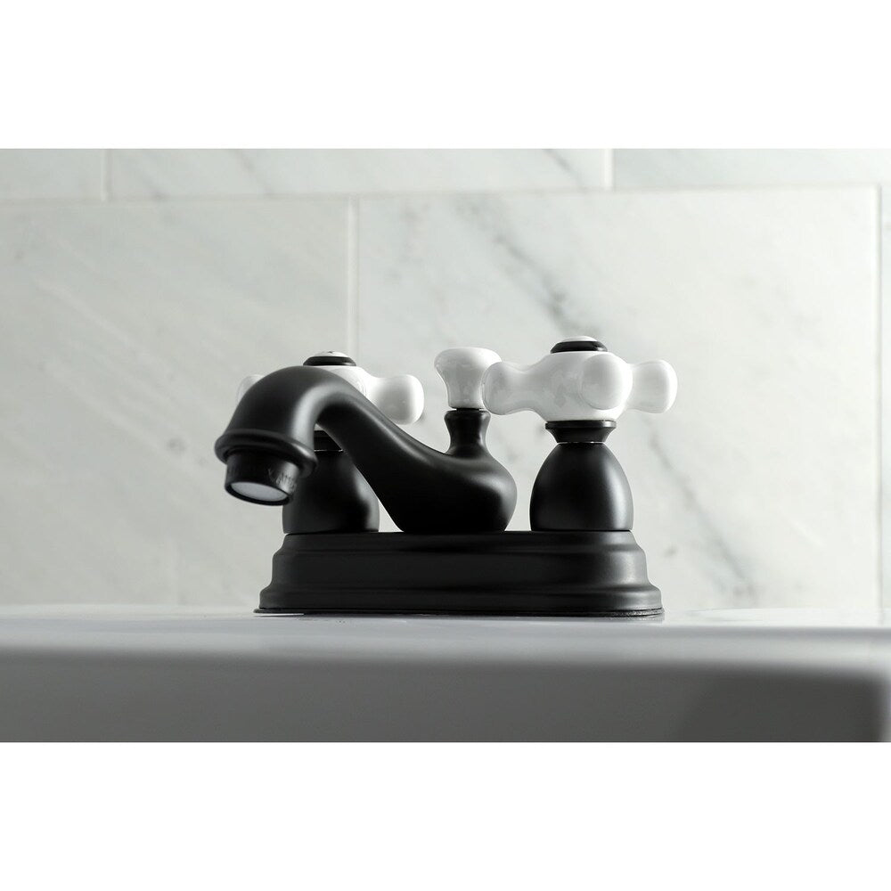 Restoration Porcelain Cross 4 in. Centerset 2-Handle Bathroom Faucet in Matte Black