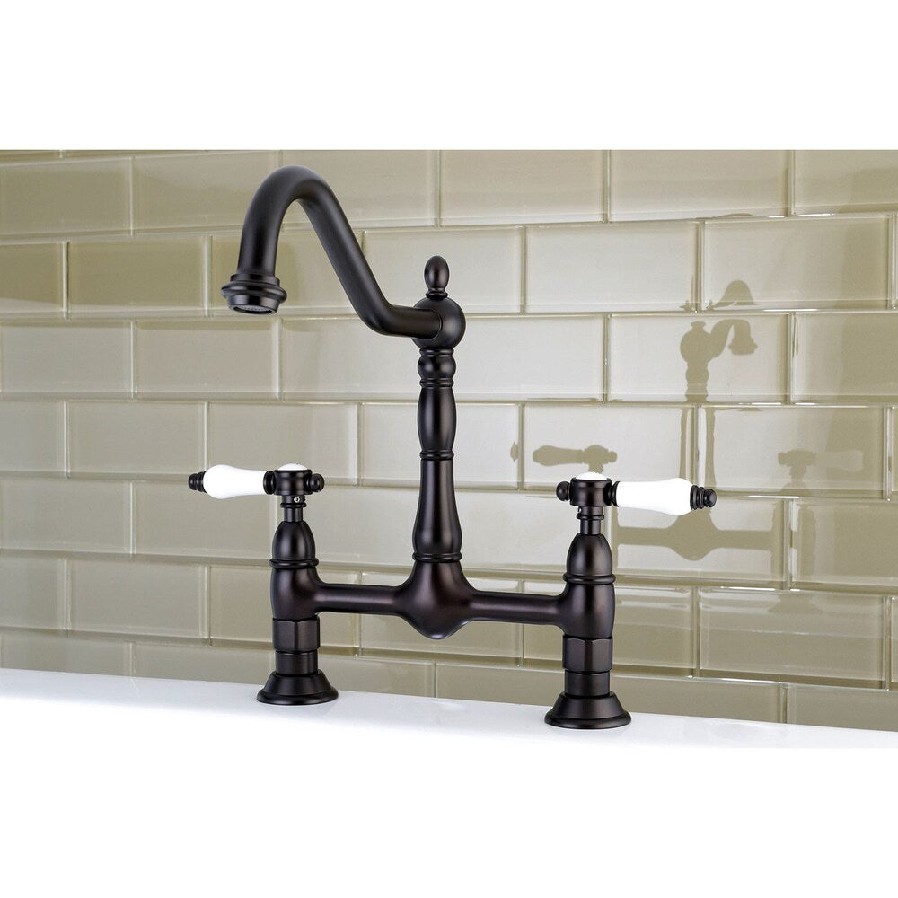 Victorian Porcelain 2-Handle Bridge Kitchen Faucet with Lever Handle in Oil Rubbed Bronze