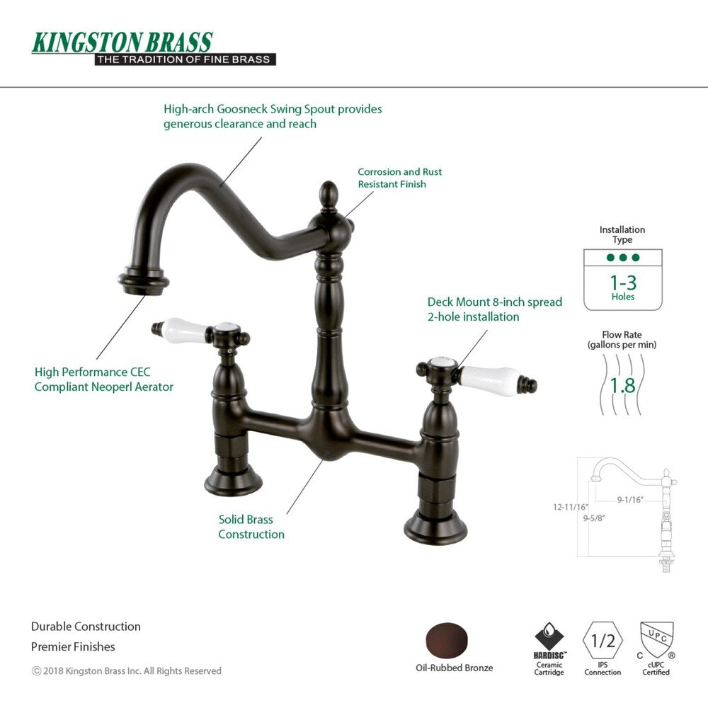 Victorian Porcelain 2-Handle Bridge Kitchen Faucet with Lever Handle in Oil Rubbed Bronze