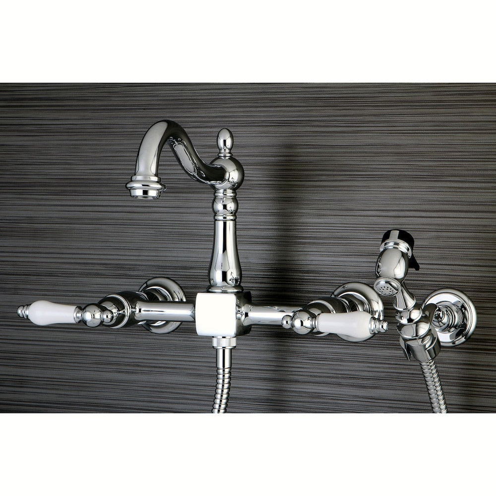 2-Handle Wall-Mount Side Sprayer Kitchen Faucet w/ Porcelain Lever Handles in Polished Chrome