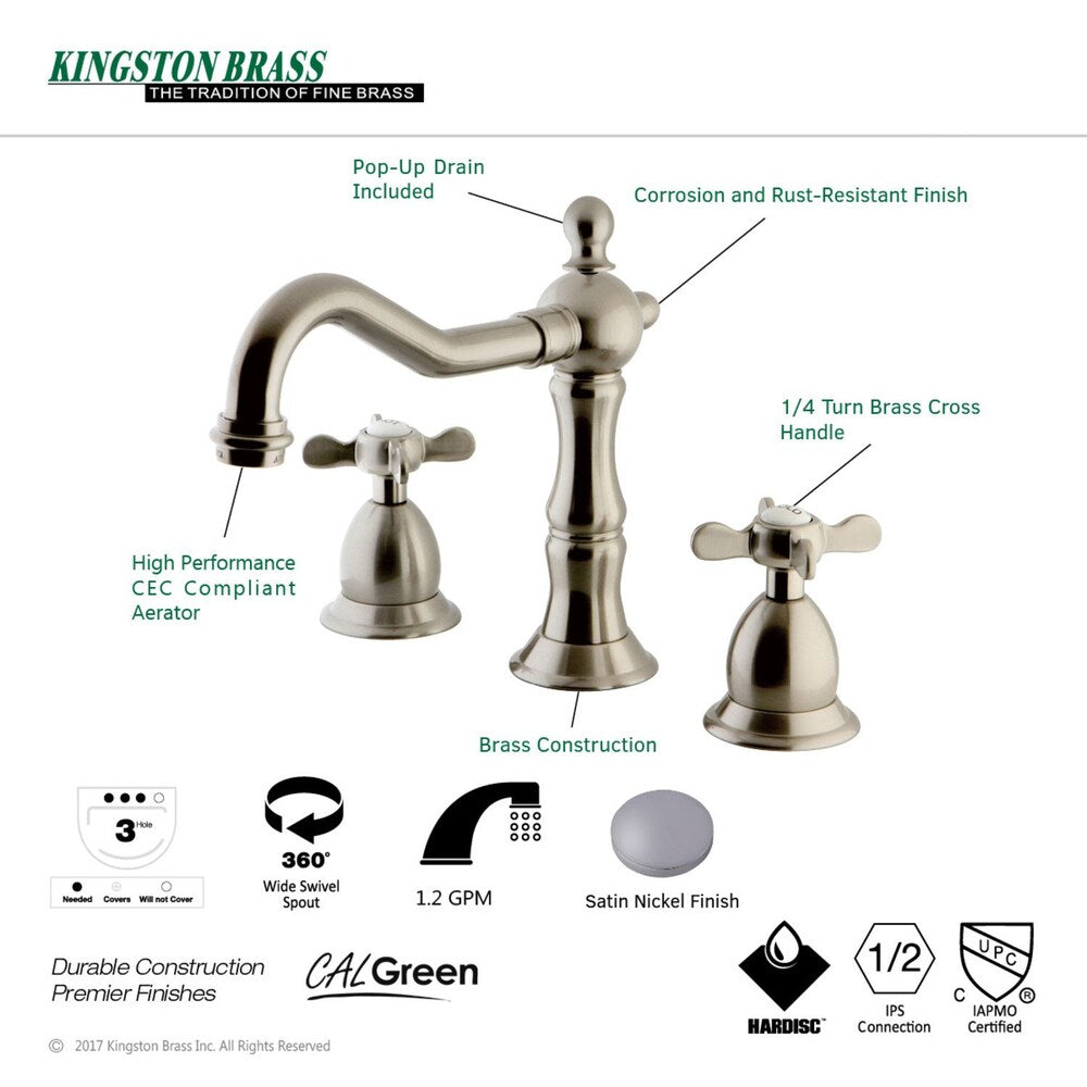 Transitional Cross 8 in. Widespread 2-Handle High-Arc Bathroom Faucet in Satin Nickel