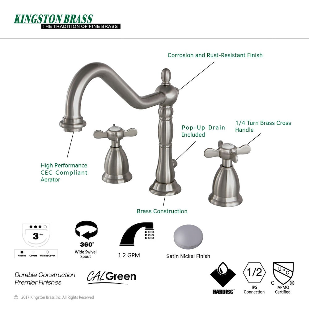 Victorian Cross 8 in. Widespread 2-Handle Bathroom Faucet in Satin Nickel