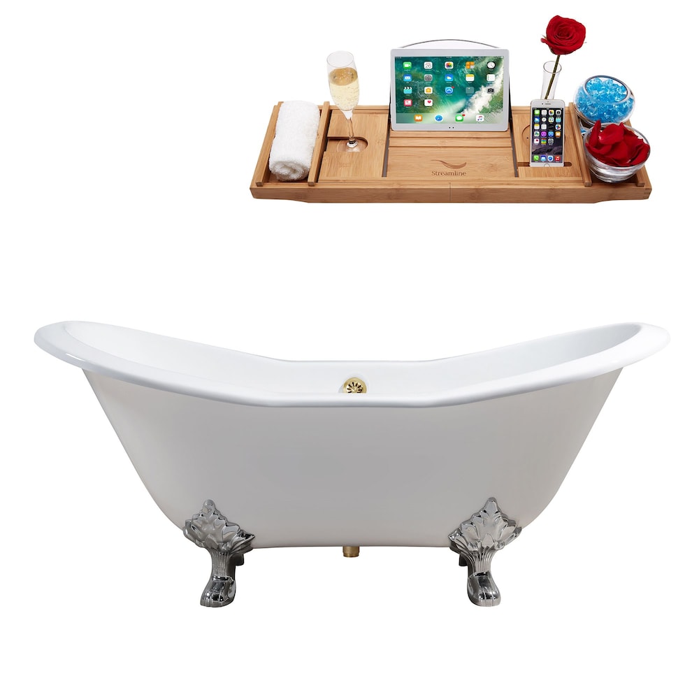 72" Cast Iron R5162CH-GLD Soaking Clawfoot Tub and Tray with External Drain