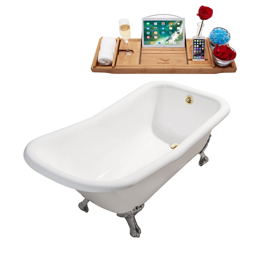 66" Cast Iron R5281CH-GLD Soaking Clawfoot Tub and Tray with External Drain