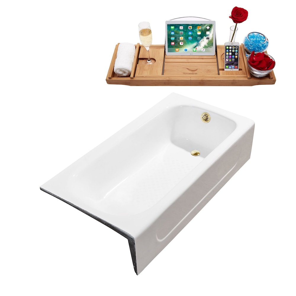 Streamline 60 inch Cast Iron R5480GLD Soaking Alcove Tub and Tray with Drain