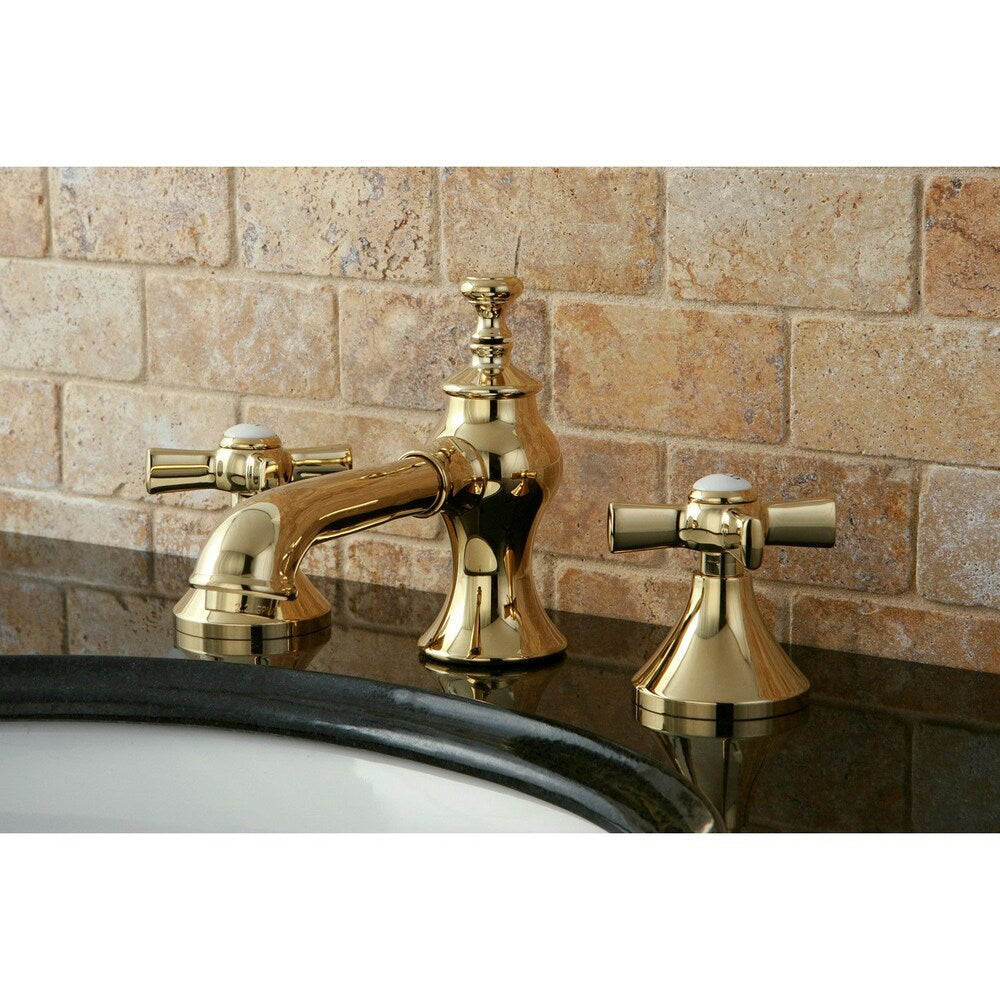 Modern Cross 8 in. Widespread 2-Handle Mid-Arc Bathroom Faucet in Polished Brass